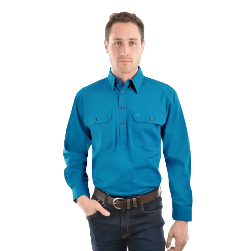 Man wearing an aqua Thomas Cook Heavy Drill 1/2 Button L/S Shirt (TCP1120163) with a collar on a white background.