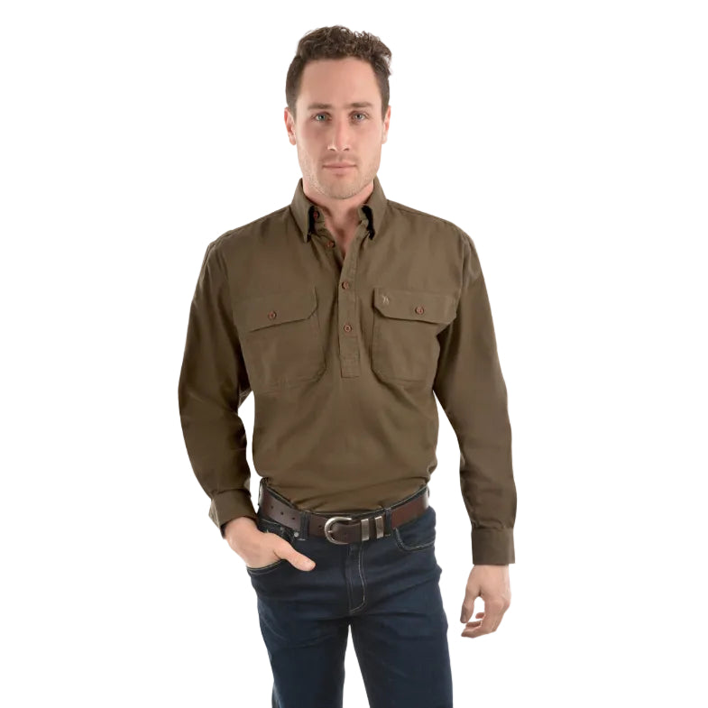 Thomas Cook Heavy Drill 1/2 Button L/S Shirt (TCP1120163) Mushroom Model Front View