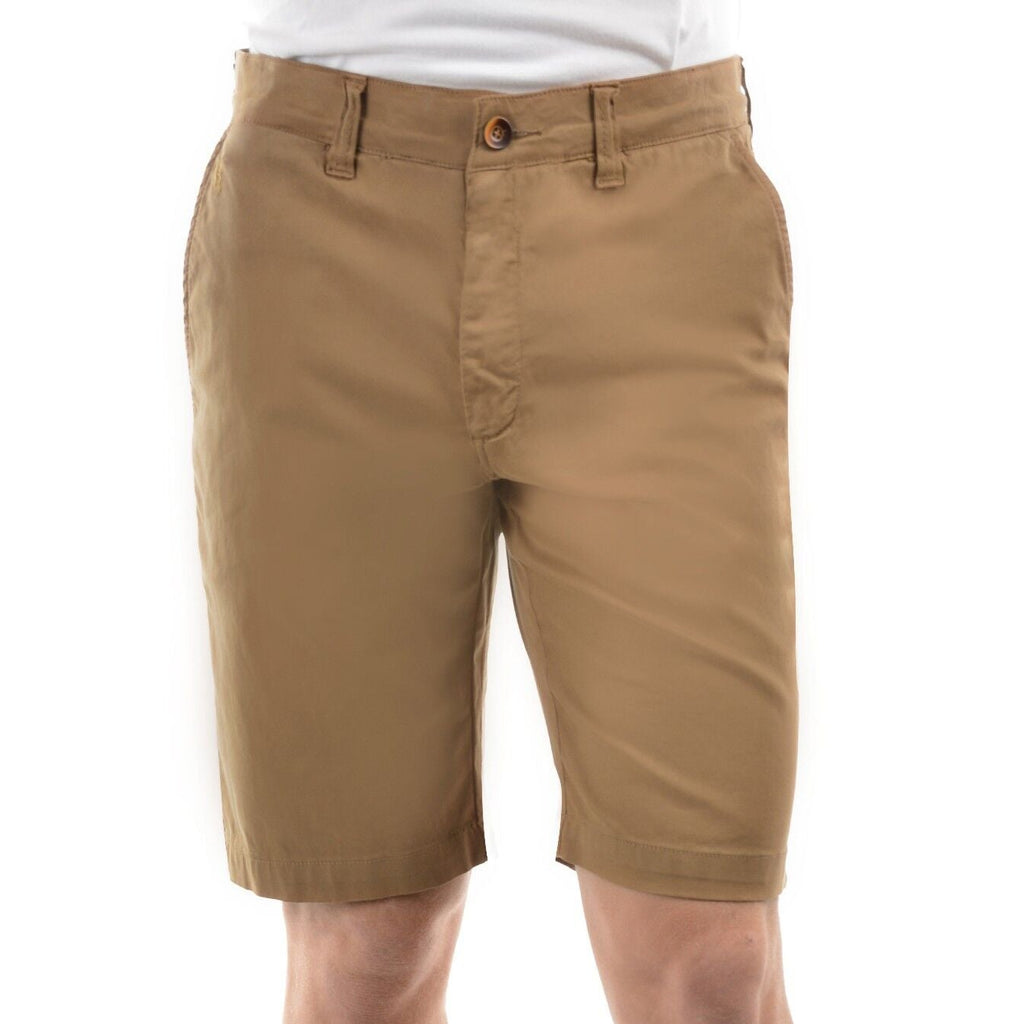 A pair of camel Thomas Cook Men's Tailored Fit Mossman Comfort Waist Shorts (TCP1306091) with belt loops, a button closure, and front pockets, shown against a plain white background.