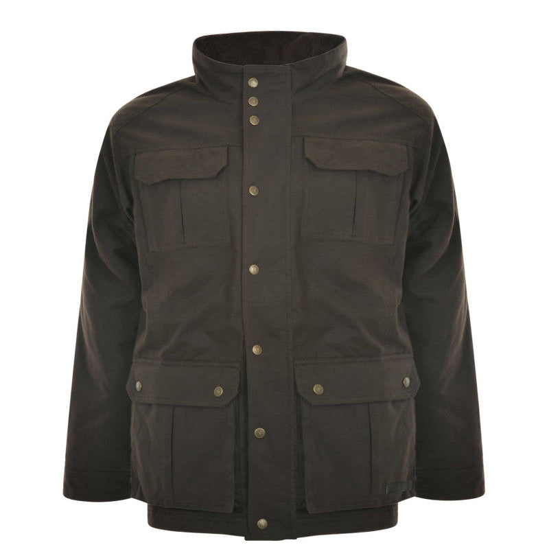 A dark olive brown oilskin jacket with a stand collar, button front, and four front flap pockets, shown on a plain white background.
