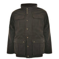 A dark olive brown oilskin jacket with a stand collar, button front, and four front flap pockets, shown on a plain white background.