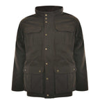 A dark olive brown oilskin jacket with a stand collar, button front, and four front flap pockets, shown on a plain white background.
