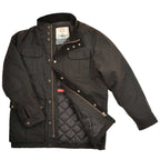 Dark brown oilskin jacket with quilted lining on a white background