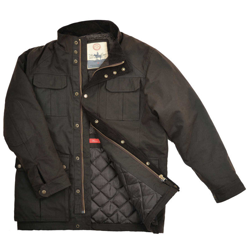 Dark brown oilskin jacket with quilted lining on a white background