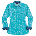The Tin Haul Womens Collection L/S Shirt (50064312) Print Green by Tin Haul is a regular fit shirt featuring a boho cactus, sun, and moon print, front pockets, and dark blue inner cuffs for stylish detail.