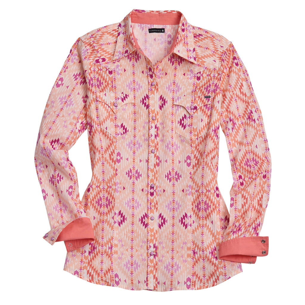 The Tin Haul Womens Collection L/S Shirt (50068313) Print Orange by Tin Haul is a regular fit cotton cambric shirt with a pink, orange, and magenta geometric print, folded cuffs, two chest pockets with pointed flaps, and solid pink collar accents.