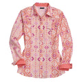 The Tin Haul Womens Collection L/S Shirt (50068313) Print Orange by Tin Haul is a regular fit cotton cambric shirt with a pink, orange, and magenta geometric print, folded cuffs, two chest pockets with pointed flaps, and solid pink collar accents.
