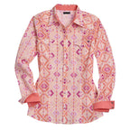 The Tin Haul Womens Collection L/S Shirt (50068313) Print Orange by Tin Haul is a regular fit cotton cambric shirt with a pink, orange, and magenta geometric print, folded cuffs, two chest pockets with pointed flaps, and solid pink collar accents.