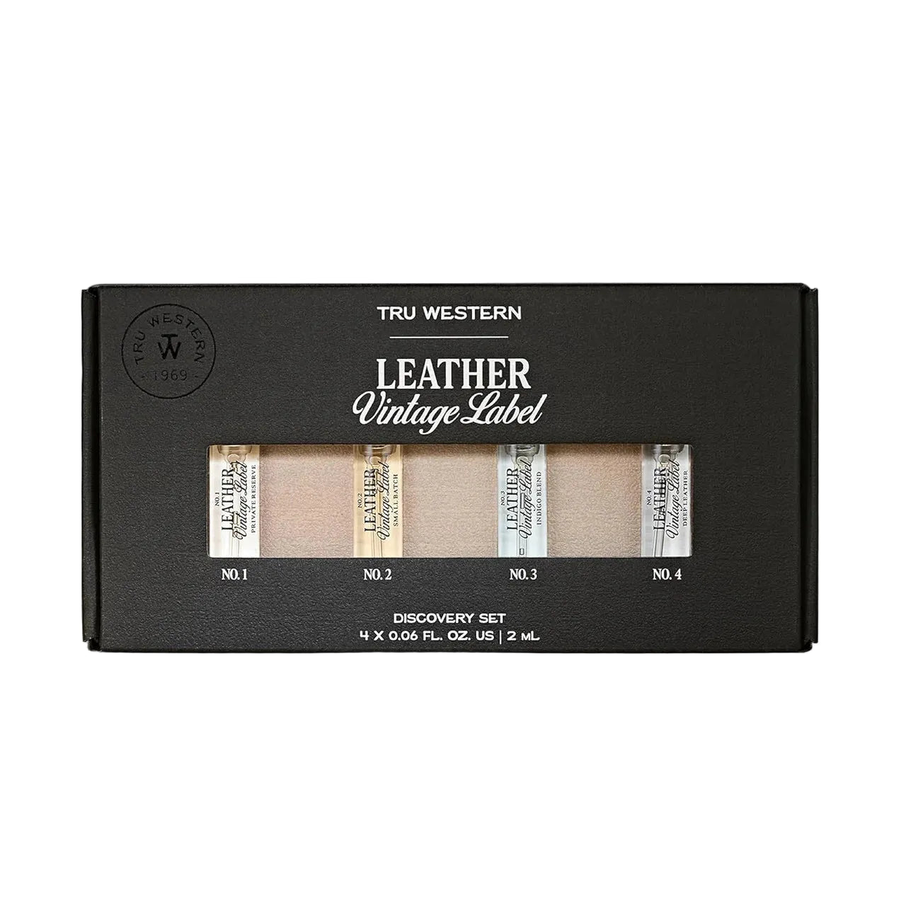 The Tru Western Mens Leather Vintage Label Cologne Collection (98311) features four numbered men's cologne vials (#1–4) in a windowed black box, offering vintage-inspired scents in a "Discovery Set.