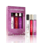 The Tru Western Womens Purse Spray Set - Yellowstone Original, Tornado & Dusk (98324) is a travel perfume trio for women, featuring three stylish bottles in white, red, and pink beside a chic purple floral box.