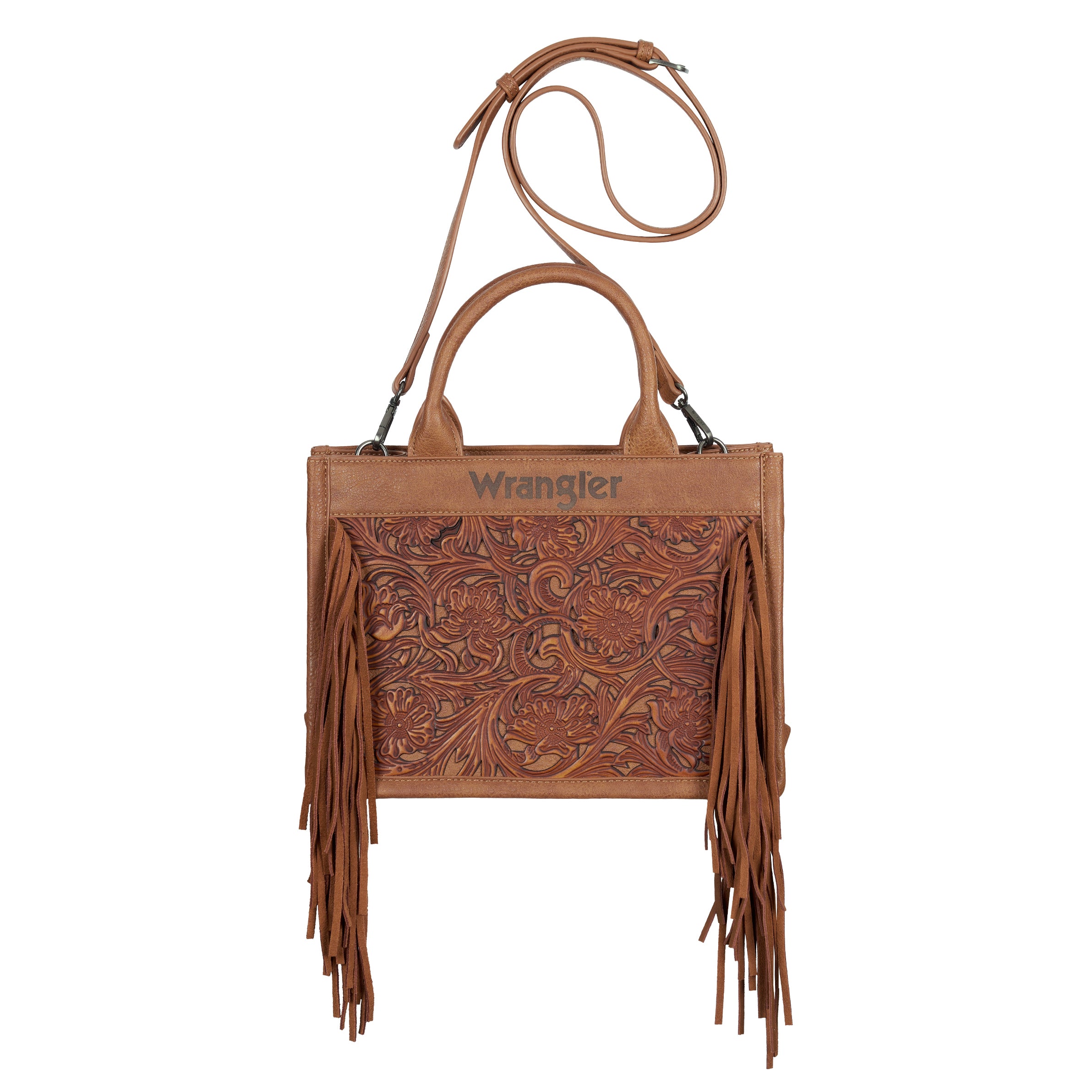 A tan Wrangler Adelyn Bag (X6S2975BAG) with tooled leather insert, fringe, dual top handles, and a long shoulder strap, featuring the Wrangler logo on the front.