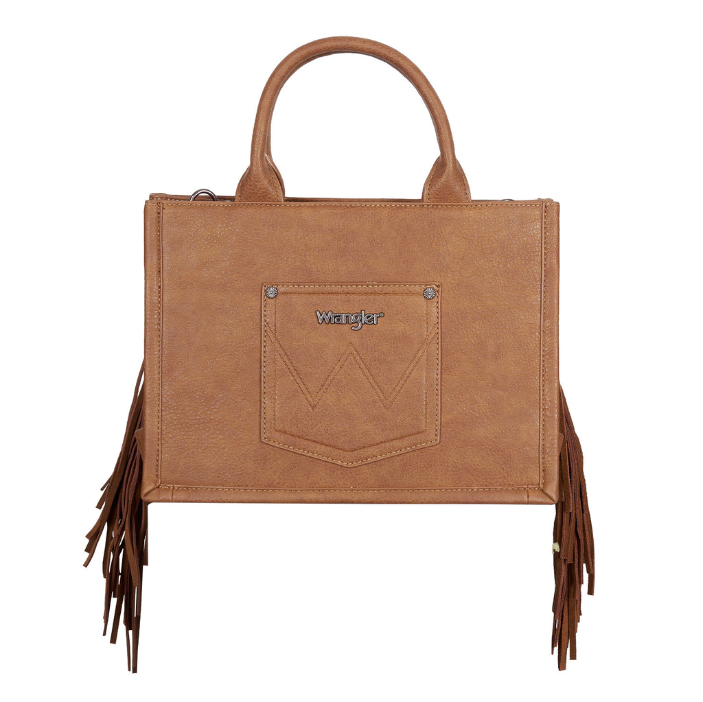 The back view of a tan Wrangler Adelyn Bag (X6S2975BAG) with long fringe details on the sides, featuring a jean style pocket with the Wrangler logo and dual top handles, set against a plain white background.