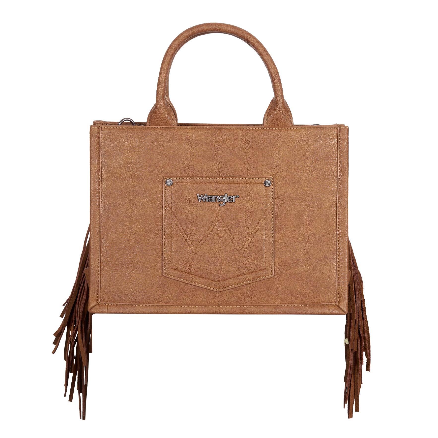 The back view of a tan Wrangler Adelyn Bag (X6S2975BAG) with long fringe details on the sides, featuring a jean style pocket with the Wrangler logo and dual top handles, set against a plain white background.