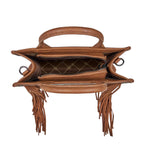 A tan Wrangler Adelyn Bag (X6S2975BAG) shown open from the top, featuring top handles, fringe details hanging from the sides, and a patterned interior lining.