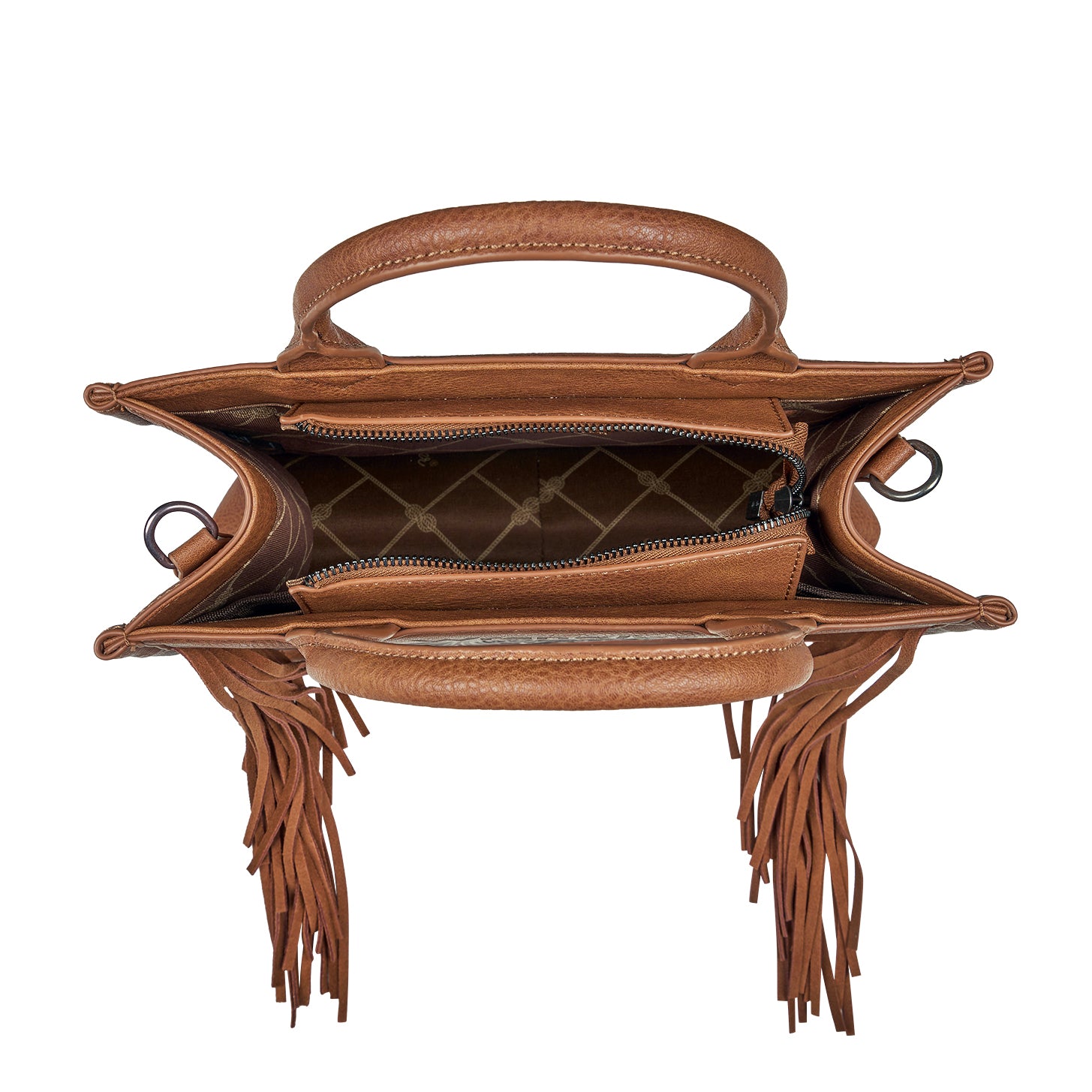 A tan Wrangler Adelyn Bag (X6S2975BAG) shown open from the top, featuring top handles, fringe details hanging from the sides, and a patterned interior lining.