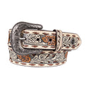 A western-style Wrangler Blakely  Leather Belt (XCP2915BLT) with a carved silver-tone buckle and tooled floral details in brown, black, and orange on a cream background.