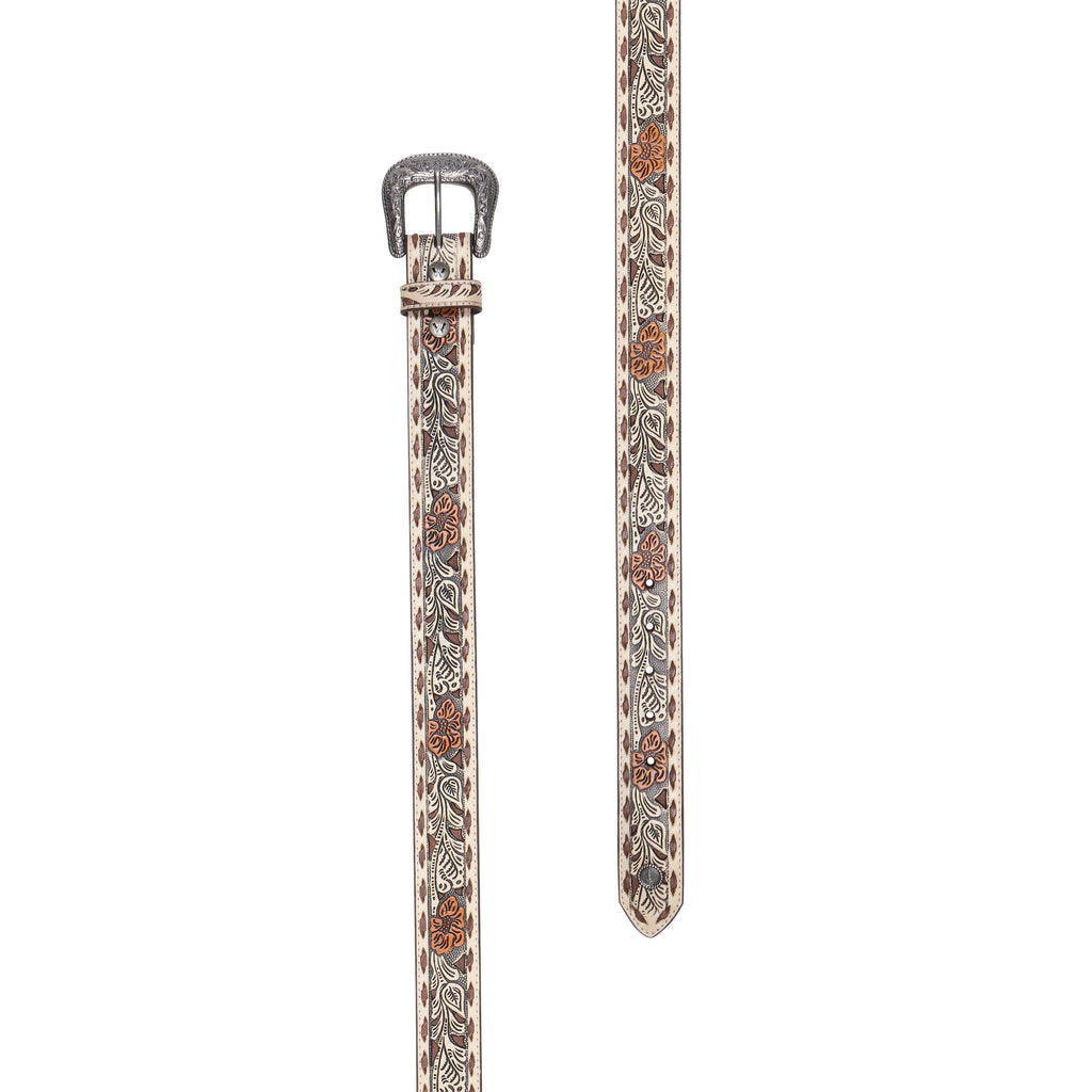 A western-style Wrangler Blakely  Leather Belt (XCP2915BLT) with a carved silver-tone buckle and tooled floral details in brown, black, and orange, laid flat on a cream background.