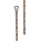 A western-style Wrangler Blakely  Leather Belt (XCP2915BLT) with a carved silver-tone buckle and tooled floral details in brown, black, and orange, laid flat on a cream background.