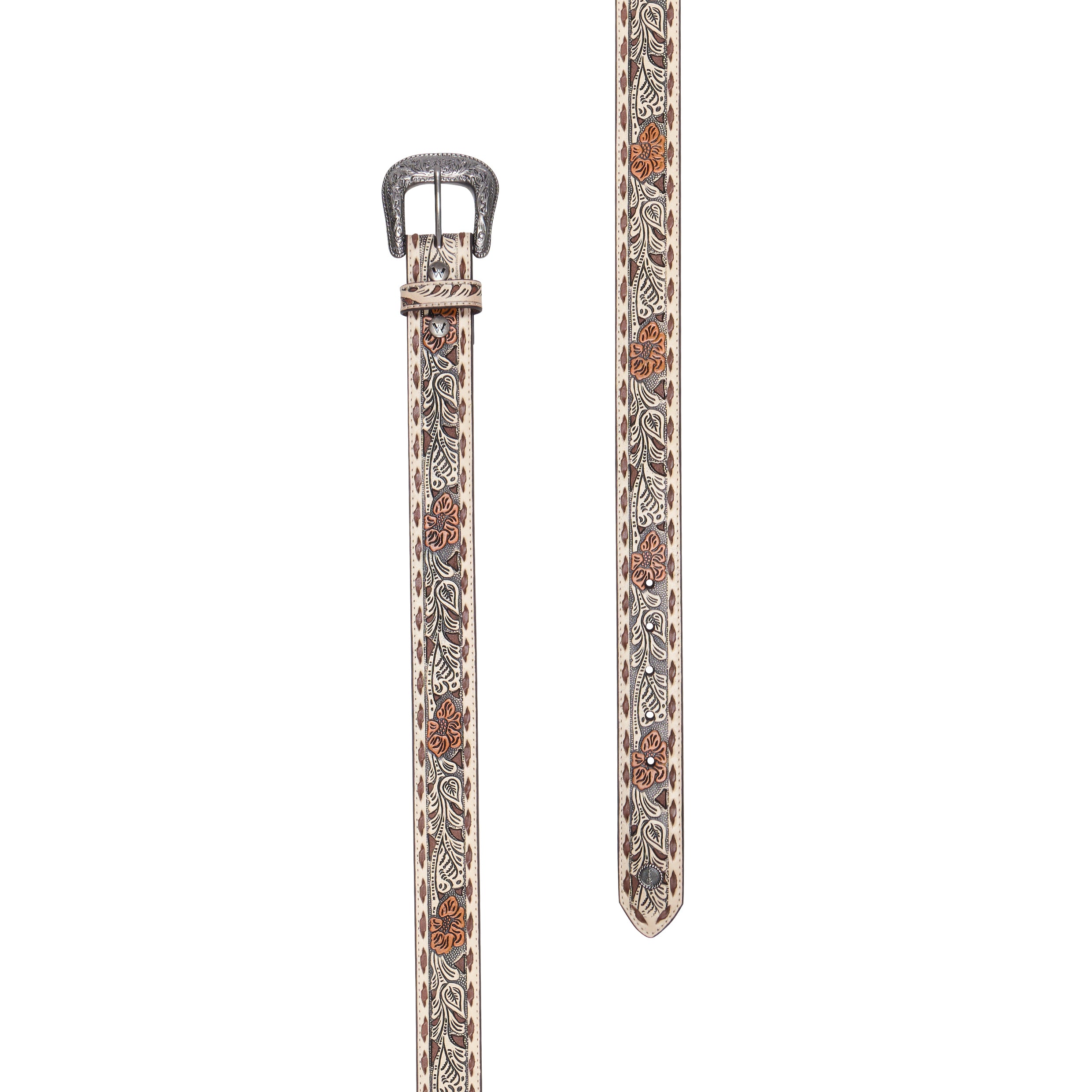 A western-style Wrangler Blakely  Leather Belt (XCP2915BLT) with a carved silver-tone buckle and tooled floral details in brown, black, and orange, laid flat on a cream background.