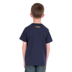 A young boy with his back to the camera wearing a Wrangler Boys Robert Short Sleeved Tee (X6S3557687) in Navy with a pair of denim jeans.