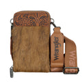 Wrangler Camile Wallet Bag (X6S2977BAG) in tan with genuine hair-on leather, adjustable crossbody strap and tooled leather top panel on a white background.