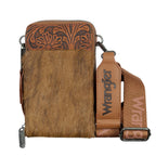 Wrangler Camile Wallet Bag (X6S2977BAG) in tan with genuine hair-on leather, adjustable crossbody strap and tooled leather top panel on a white background.