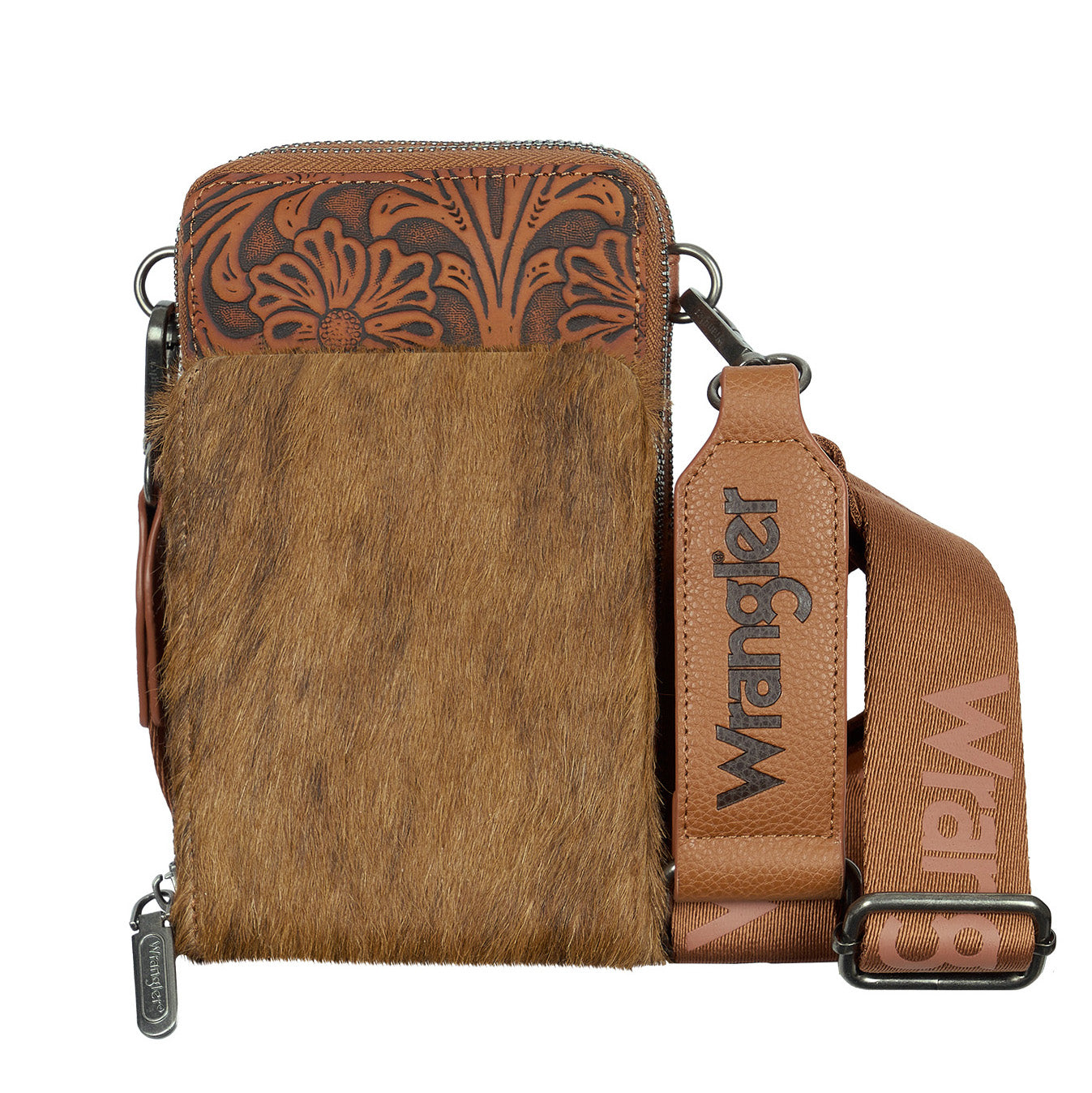 Wrangler Camile Wallet Bag (X6S2977BAG) in tan with genuine hair-on leather, adjustable crossbody strap and tooled leather top panel on a white background.