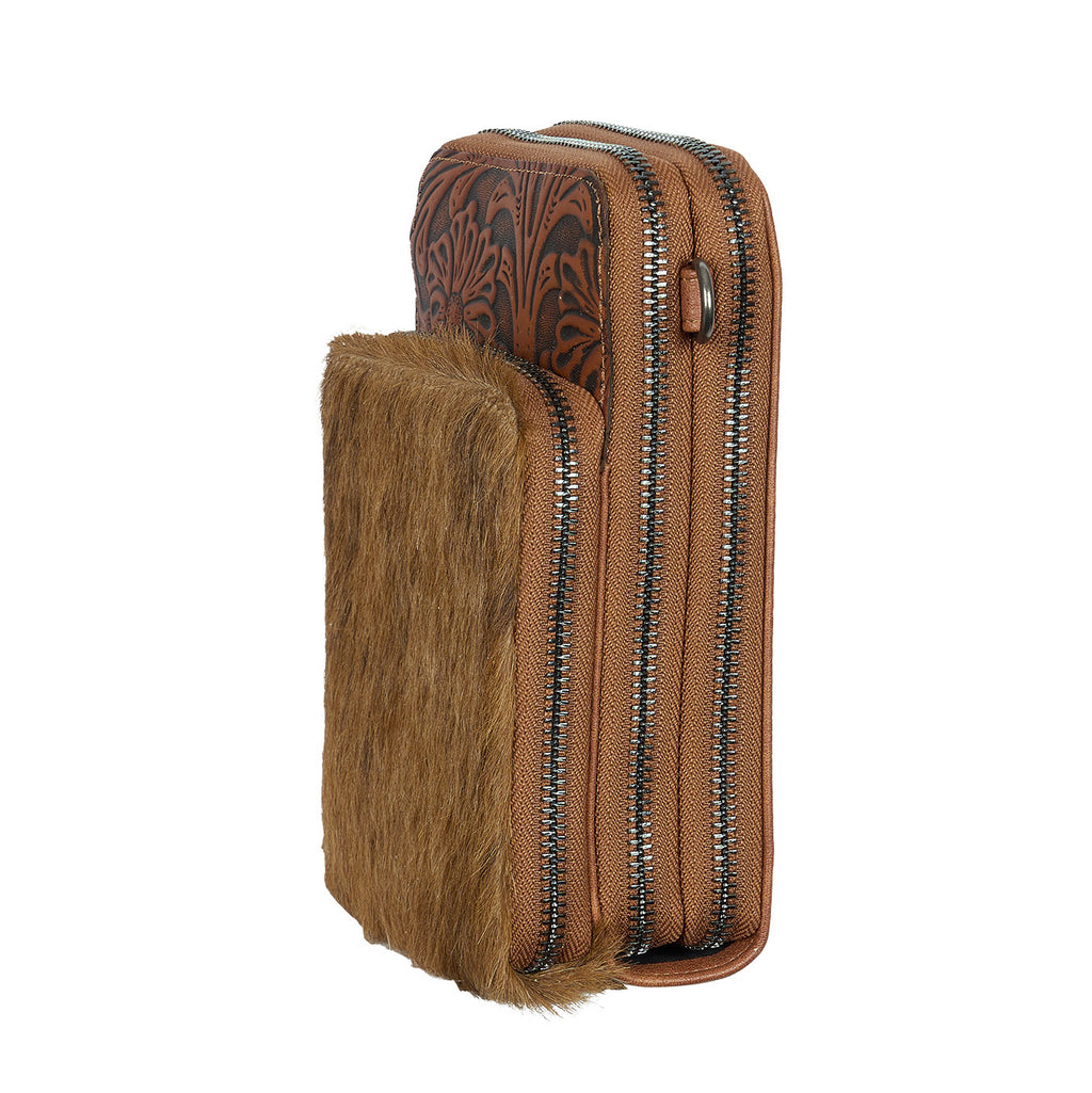 Wrangler Camile Wallet Bag (X6S2977BAG) in tan with genuine hair-on leather, adjustable crossbody strap and tooled leather top panel on a white background.