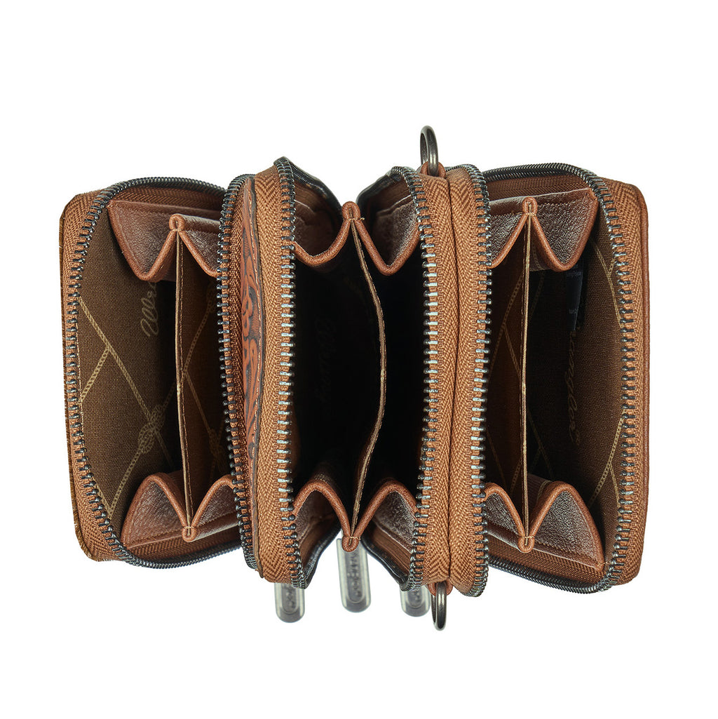 Wrangler Camile Wallet Bag (X6S2977BAG) in tan, open to display its interior compartments, card slots, and zipper pockets, set against a plain white background.