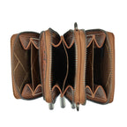 Wrangler Camile Wallet Bag (X6S2977BAG) in tan, open to display its interior compartments, card slots, and zipper pockets, set against a plain white background.