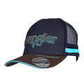 A Wrangler Chase High Profile Trucker Cap (XCP1941CAP) in navy blue and tan, featuring an embroidered logo on the front, a brown visor with a turquoise trim, turquoise and navy side stripes and a navy mesh back.