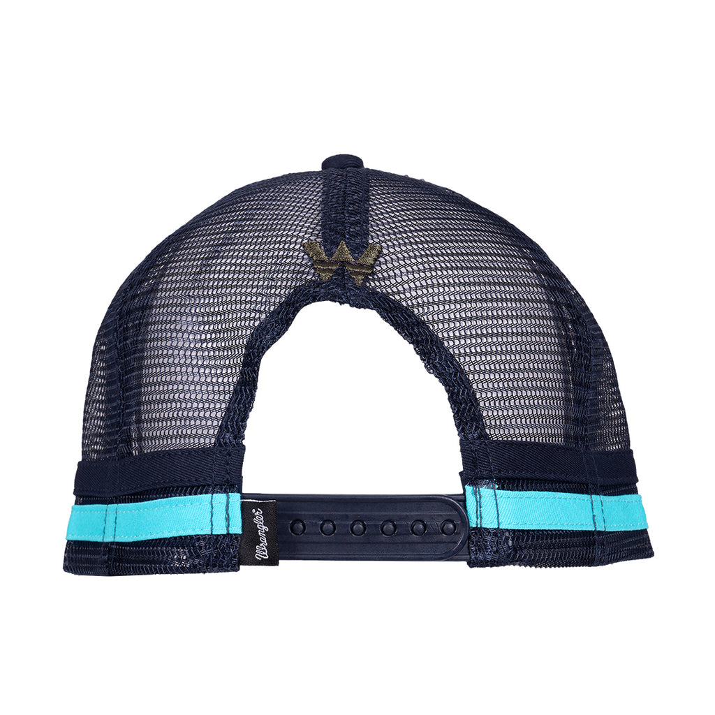 A Wrangler Chase High Profile Trucker Cap (XCP1941CAP) in navy blue and tan, featuring an embroidered 'W' logo on the back, a brown visor with a turquoise trim, turquoise and navy side stripes and a navy mesh back.