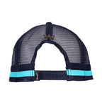 A Wrangler Chase High Profile Trucker Cap (XCP1941CAP) in navy blue and tan, featuring an embroidered 'W' logo on the back, a brown visor with a turquoise trim, turquoise and navy side stripes and a navy mesh back.
