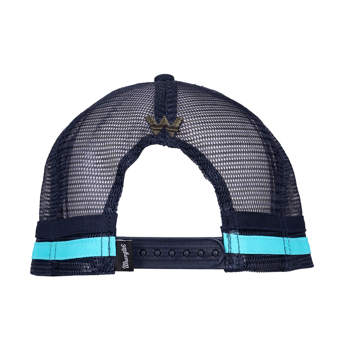 A Wrangler Chase High Profile Trucker Cap (XCP1941CAP) in navy blue and tan, featuring an embroidered 'W' logo on the back, a brown visor with a turquoise trim, turquoise and navy side stripes and a navy mesh back.