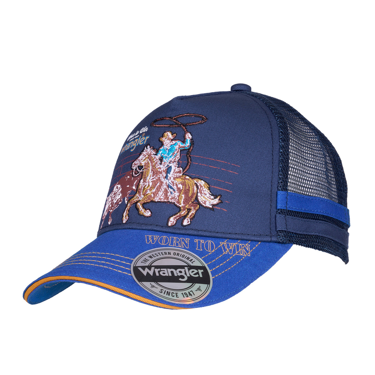 A navy/blue Wrangler Children's Abe Trucker Cap (X6S3946CAP) with a western cowboy embroidered on the front panel, a blue brim, and navy mesh back panels.