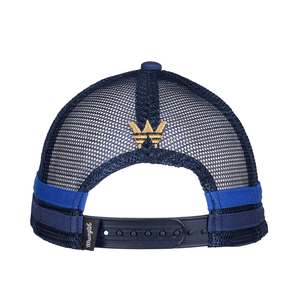 The back view navy/blue Wrangler Children's Abe Trucker Cap (X6S3946CAP) with 'W' Wrangler embroidery, snap adjustable closure and navy mesh back panels.