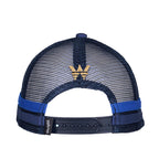 The back view navy/blue Wrangler Children's Abe Trucker Cap (X6S3946CAP) with 'W' Wrangler embroidery, snap adjustable closure and navy mesh back panels.