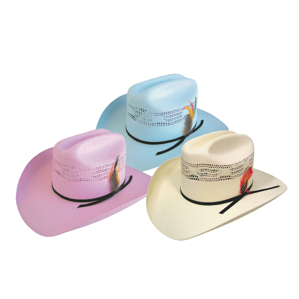 Three straw Wrangler Children's Boll Bangora Hats (X4Y3901BOL) in pink, light blue, and natural, each decorated with a black band, a silver logo pin, and a small feather accent, shown on a plain white background.