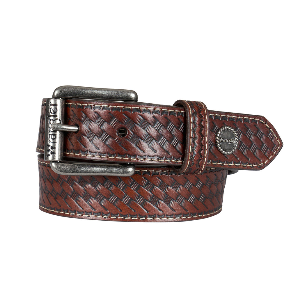 A brown woven dark tan Wrangler Children's Denny Belt (XCP7951BLT) with a silver-toned metal buckle and a circular silver Wrangler concho on the tip, shown on a plain white background.