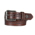 A brown woven dark tan Wrangler Children's Denny Belt (XCP7951BLT) with a silver-toned metal buckle and a circular silver Wrangler concho on the tip, shown on a plain white background.