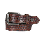 A brown woven dark tan Wrangler Children's Denny Belt (XCP7951BLT) with a silver-toned metal buckle and a circular silver Wrangler concho on the tip, shown on a plain white background.