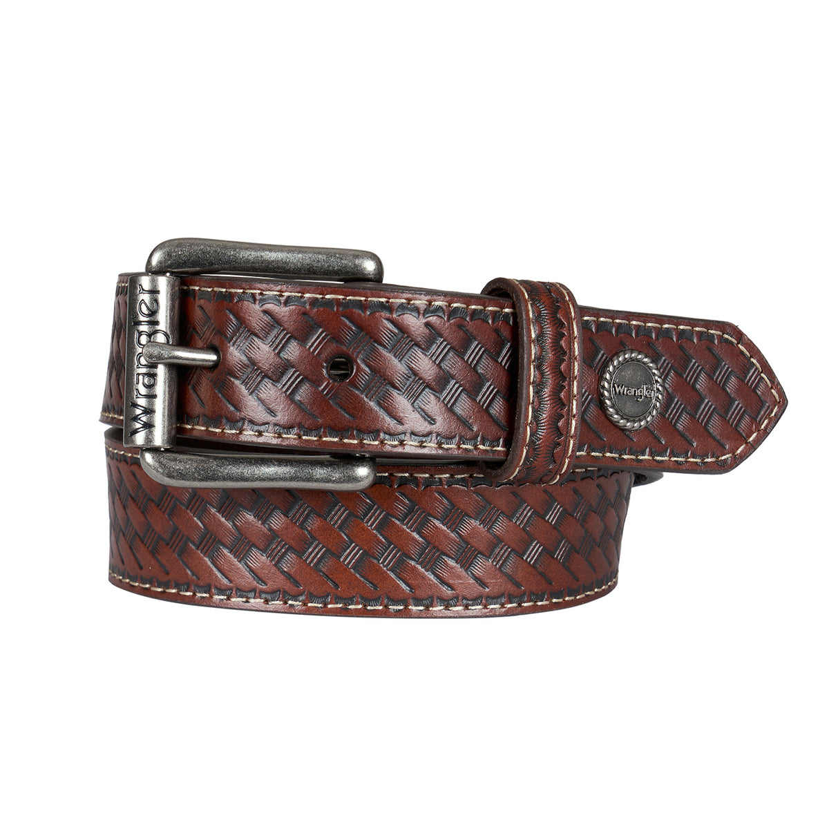 A brown woven dark tan Wrangler Children's Denny Belt (XCP7951BLT) with a silver-toned metal buckle and a circular silver Wrangler concho on the tip, shown on a plain white background.