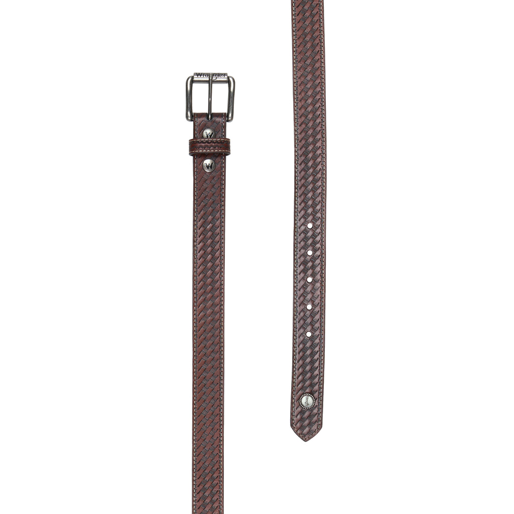 A brown woven dark tan Wrangler Children's Denny Belt (XCP7951BLT) with a silver-toned metal buckle and a circular silver Wrangler concho on the tip, shown on a plain white background.
