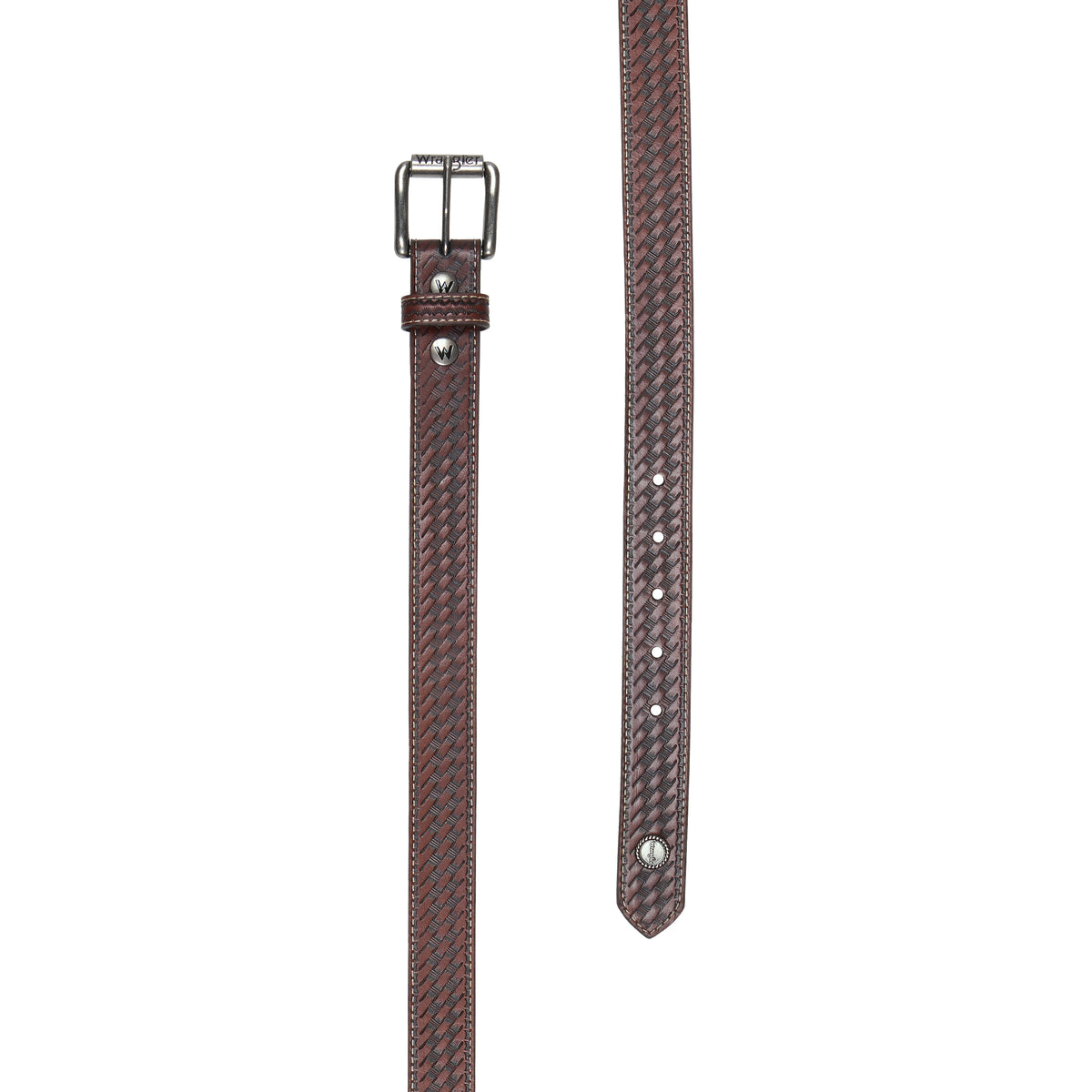 A brown woven dark tan Wrangler Children's Denny Belt (XCP7951BLT) with a silver-toned metal buckle and a circular silver Wrangler concho on the tip, shown on a plain white background.