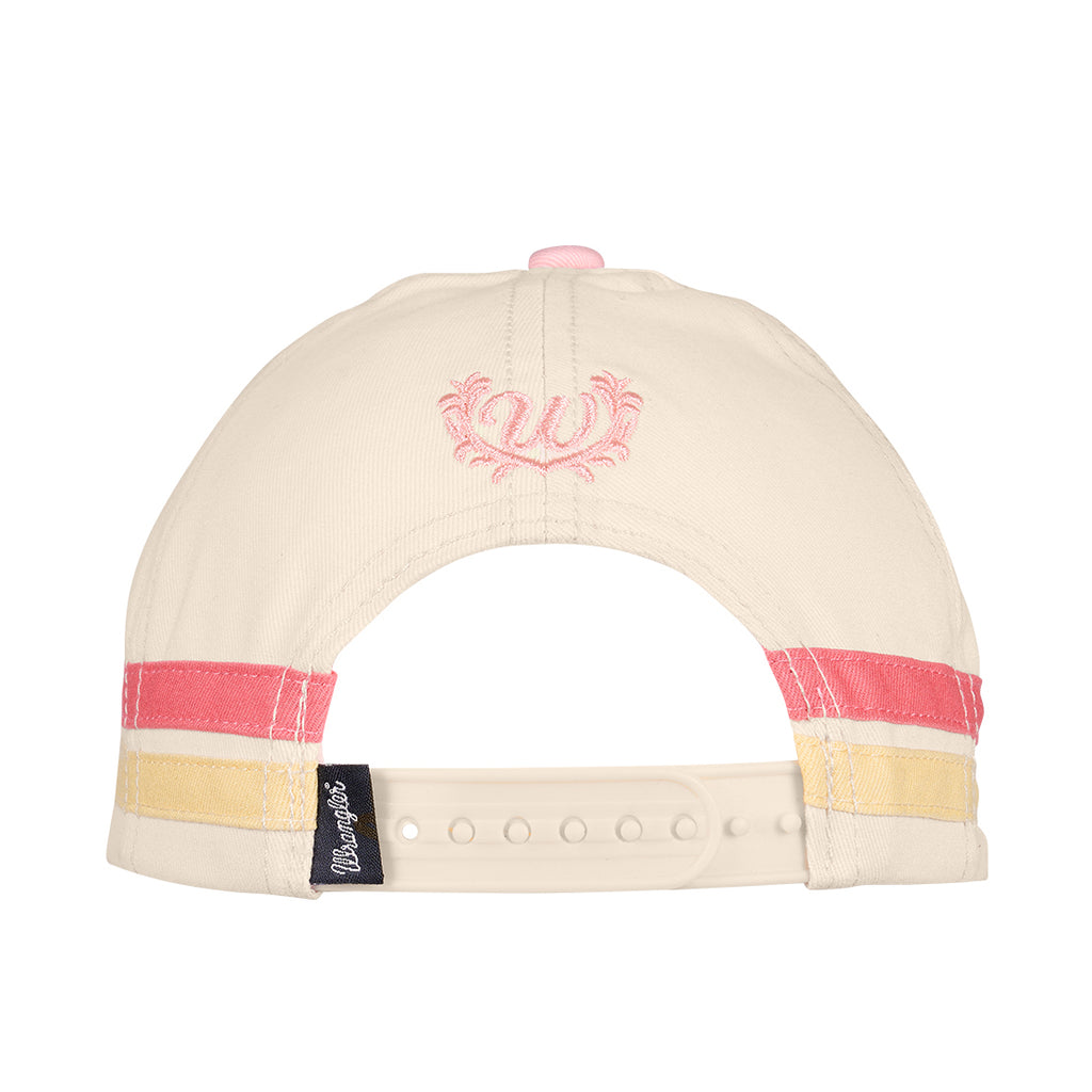 Back view of a pink and cream Wrangler Children's Imogen Full Back Cap (X6S5947CAP) featuring adjustable snap back with pink and yellow stripes, a pink embroidered, and a black Wrangler logo pip on the side.