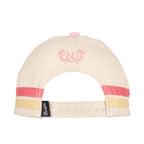 Back view of a pink and cream Wrangler Children's Imogen Full Back Cap (X6S5947CAP) featuring adjustable snap back with pink and yellow stripes, a pink embroidered, and a black Wrangler logo pip on the side.