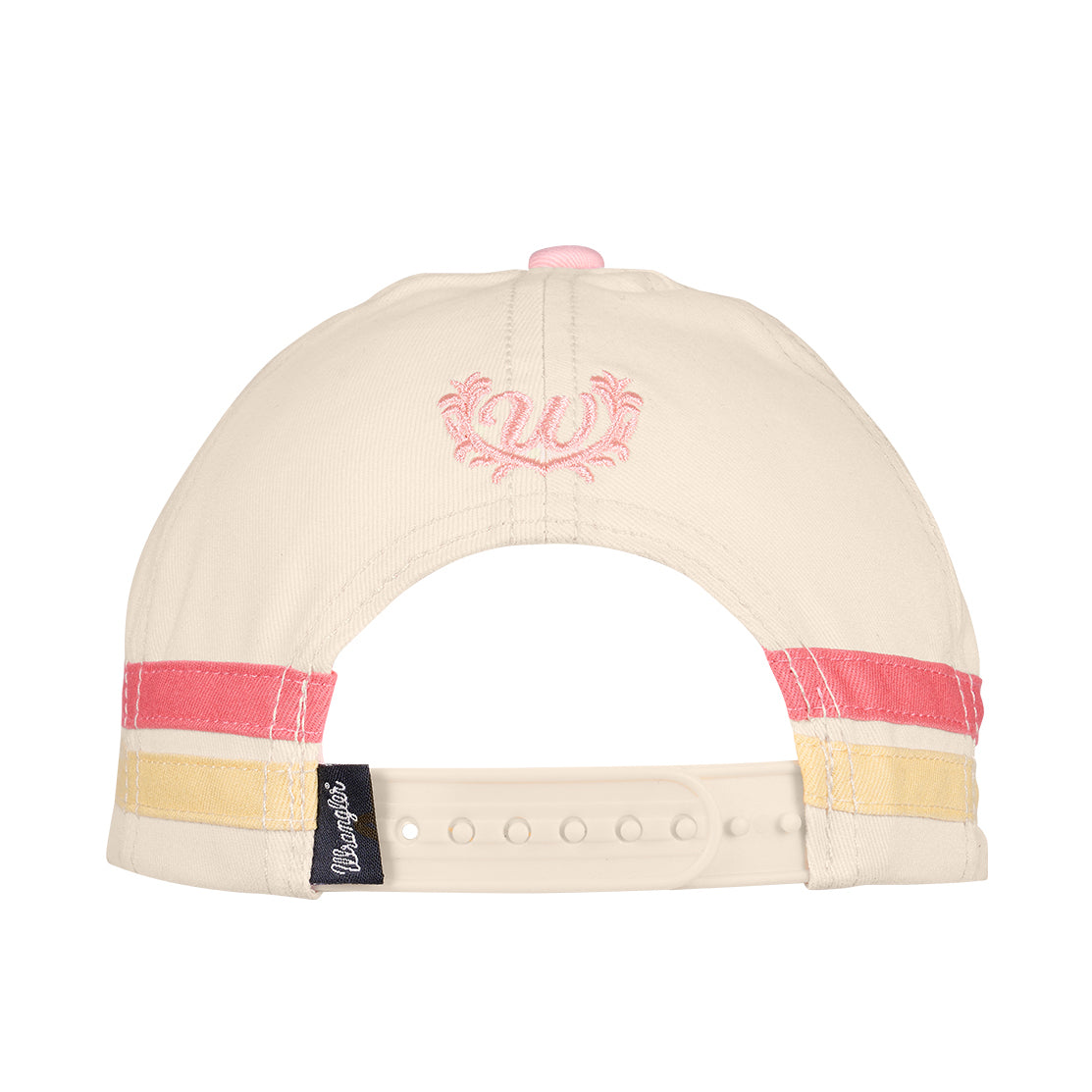 Back view of a pink and cream Wrangler Children's Imogen Full Back Cap (X6S5947CAP) featuring adjustable snap back with pink and yellow stripes, a pink embroidered, and a black Wrangler logo pip on the side.