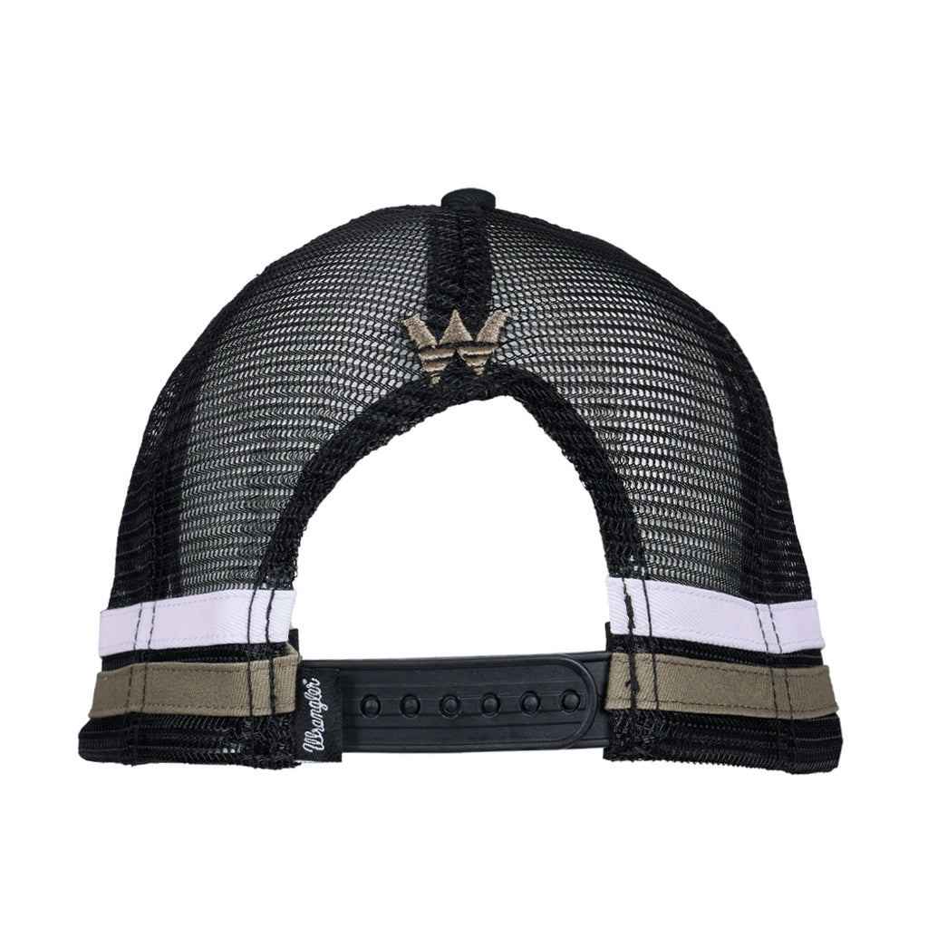 A dark tan Wrangler Evan High Profile Trucker Cap (X6S1951CAP) shown from the back, featuring a black mesh crown, a black plastic snap closure, white and cypress green side panel taping, and a small embroidered 'W' logo.