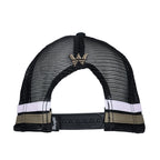 A dark tan Wrangler Evan High Profile Trucker Cap (X6S1951CAP) shown from the back, featuring a black mesh crown, a black plastic snap closure, white and cypress green side panel taping, and a small embroidered 'W' logo.