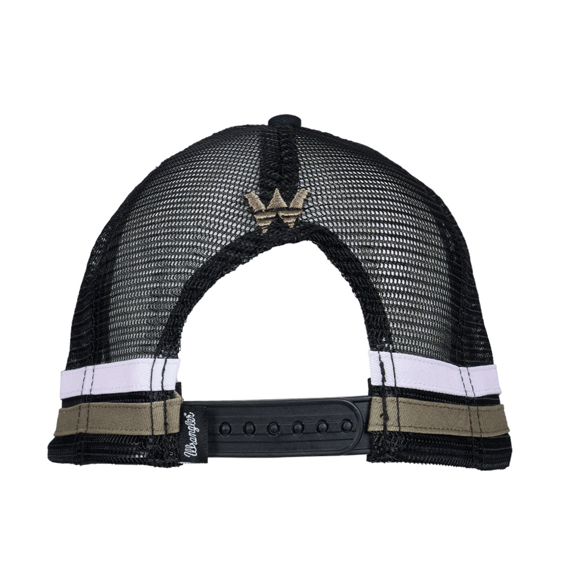 A dark tan Wrangler Evan High Profile Trucker Cap (X6S1951CAP) shown from the back, featuring a black mesh crown, a black plastic snap closure, white and cypress green side panel taping, and a small embroidered 'W' logo.
